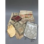 World textiles: an assortment of items comprising a square cloth embroidered in silks with a deep,