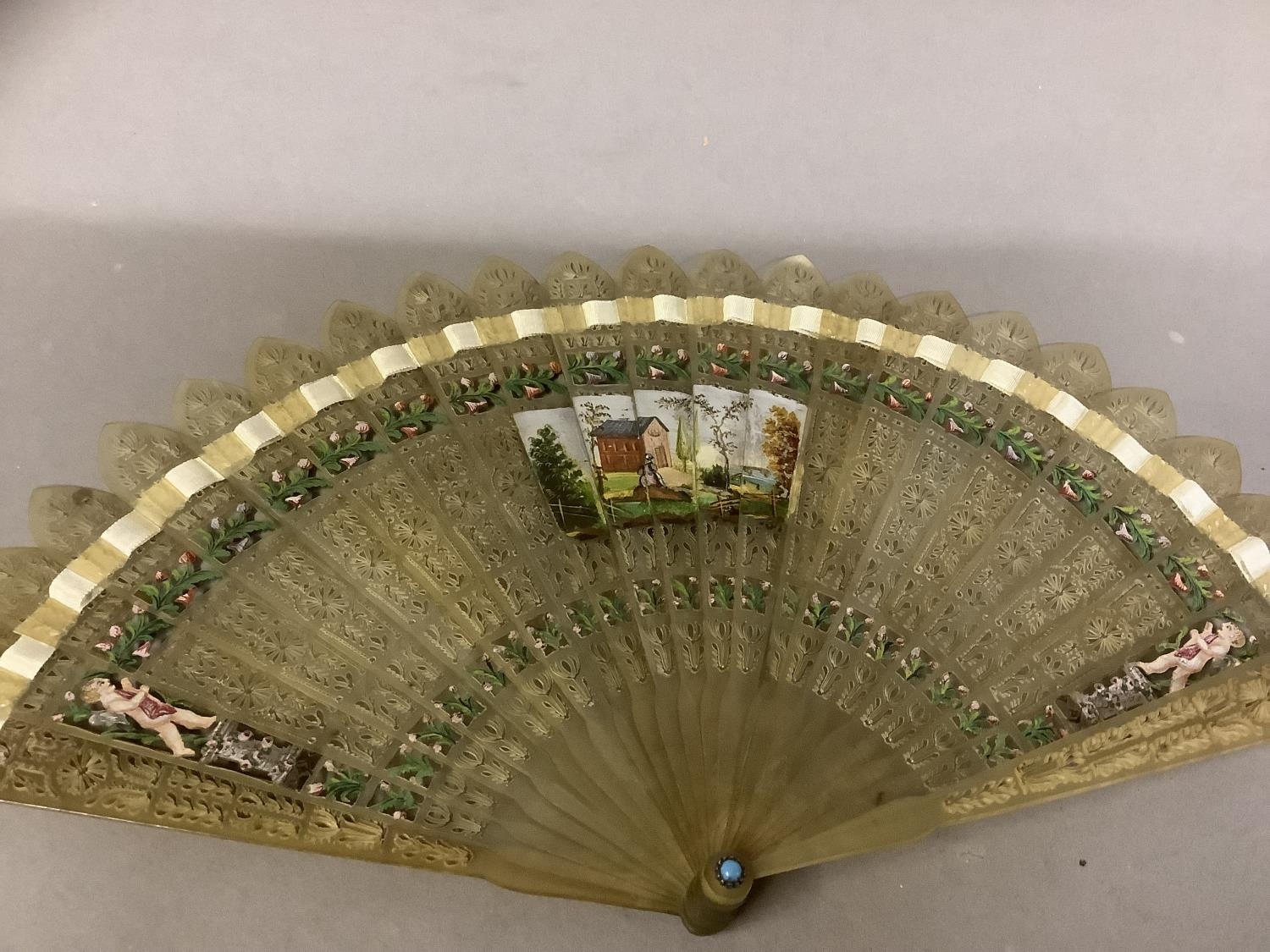 Four brisé fans c 1820’s: the first a triple image example in pale horn with pointed tips, twenty- - Image 4 of 4