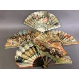 Advertising fans: Five paper fans each mounted on wood, the first of fontange form, featuring the
