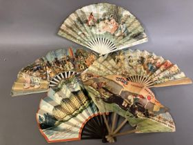 Advertising fans: Five paper fans each mounted on wood, the first of fontange form, featuring the
