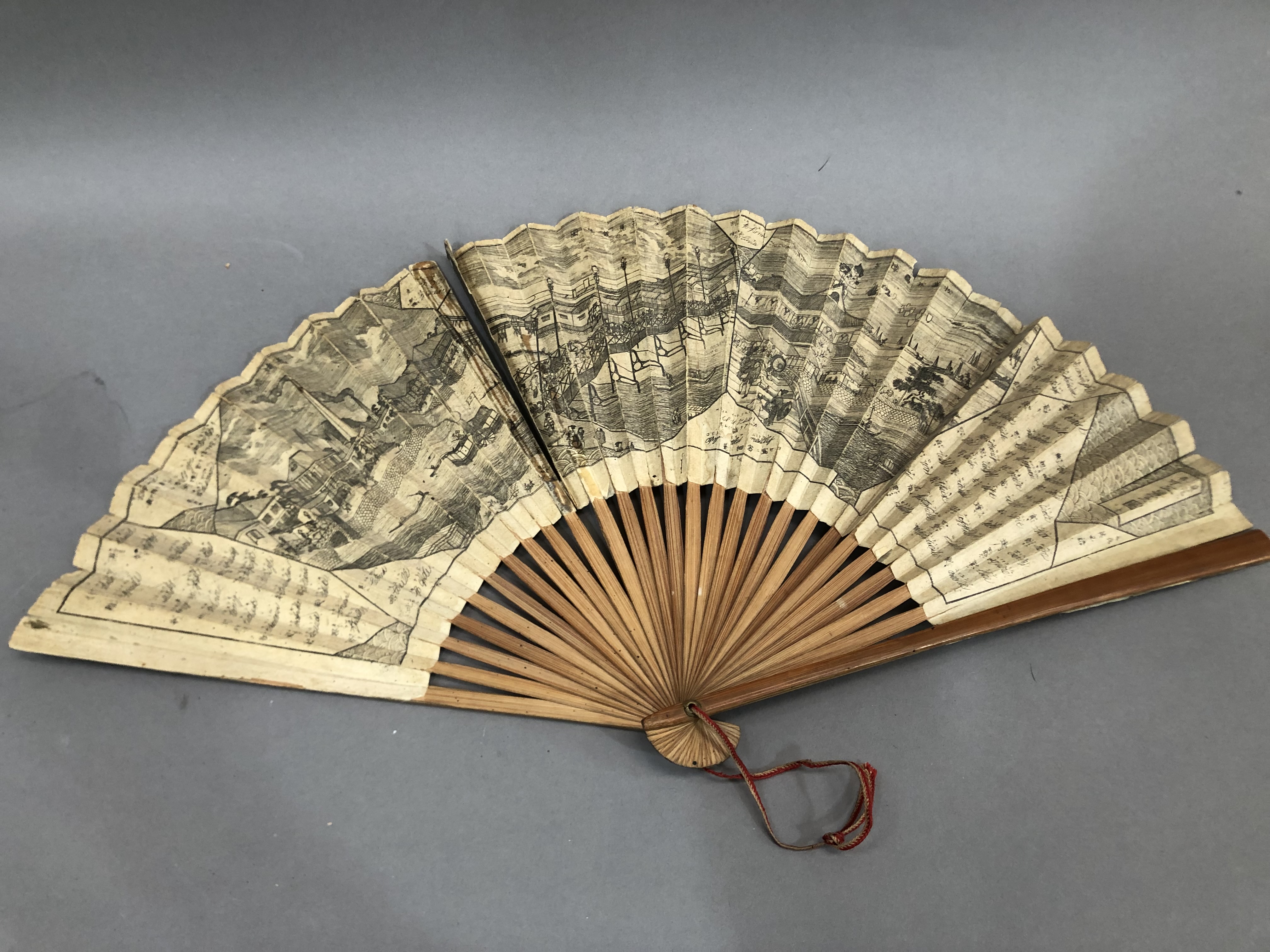 Chinese Topographical Fan: a very unusual paper fan with bamboo sticks, 19th century or earlier, the