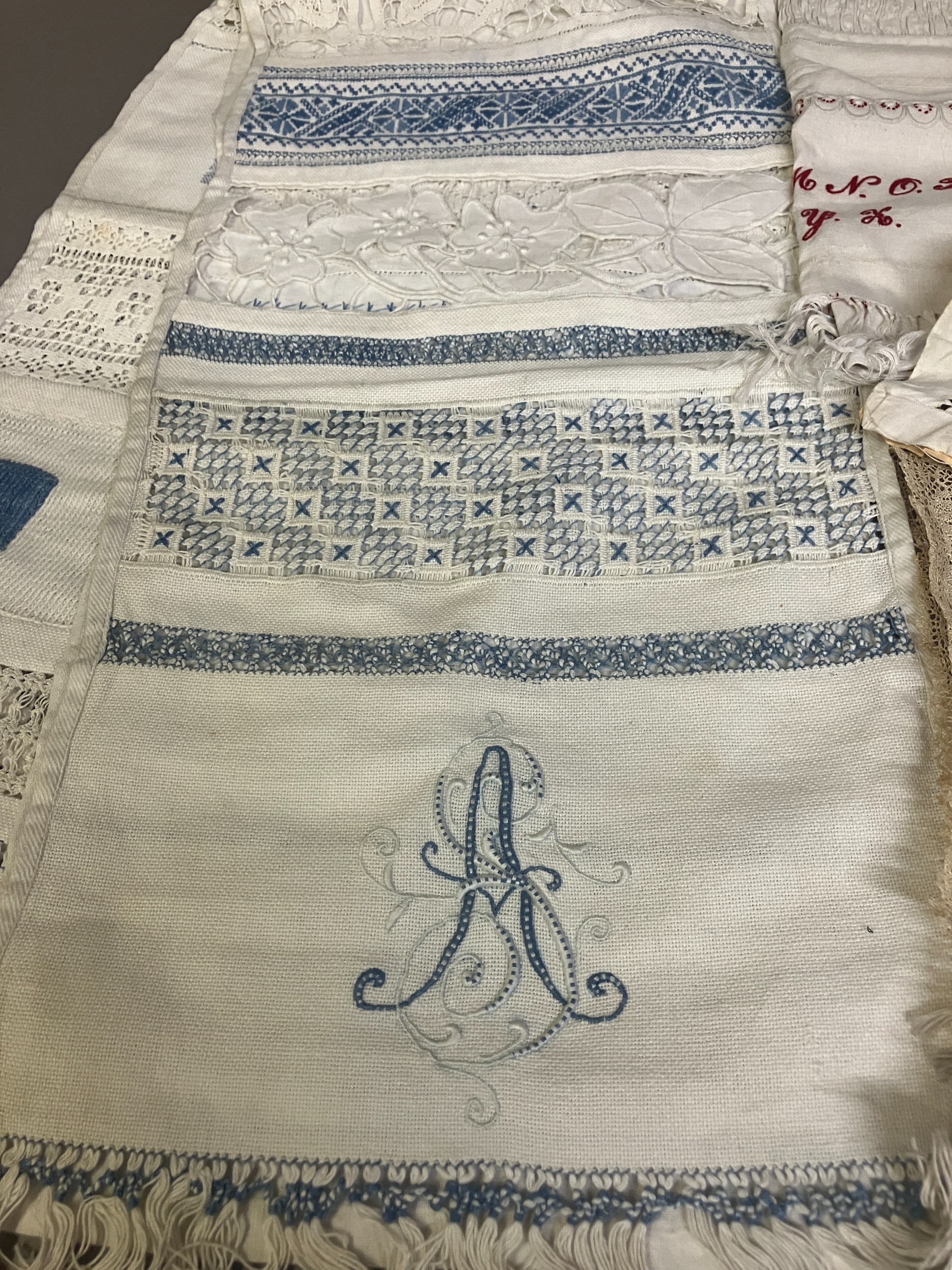 A very long 19th century linen panel formed from multiple sections showing sewing techniques, - Image 2 of 4