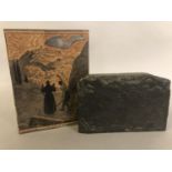 Antique French wood printing blocks, one figurative, with a monk being guided to a hilltop fortified