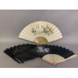 Three fans from the 1890’s: a large wood fan with cream cotton leaf, painted with Pierrot kneeling
