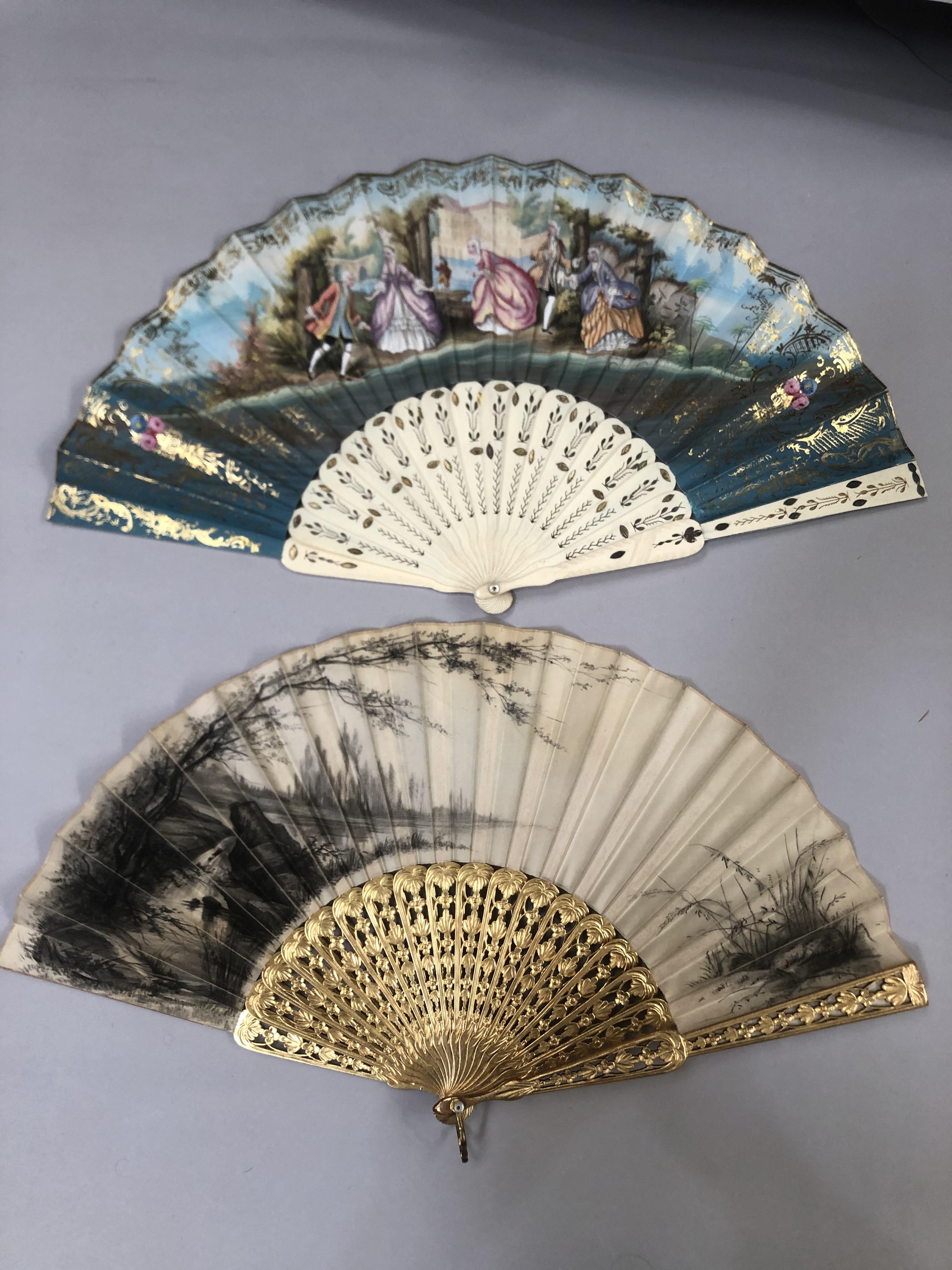 Two mid-19th century fans, the first with carved and pierced wood sticks, painted in gold, the cream - Image 2 of 8