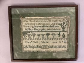 A small early 19th century needlework sampler, worked in dark green thread on fine linen, dated