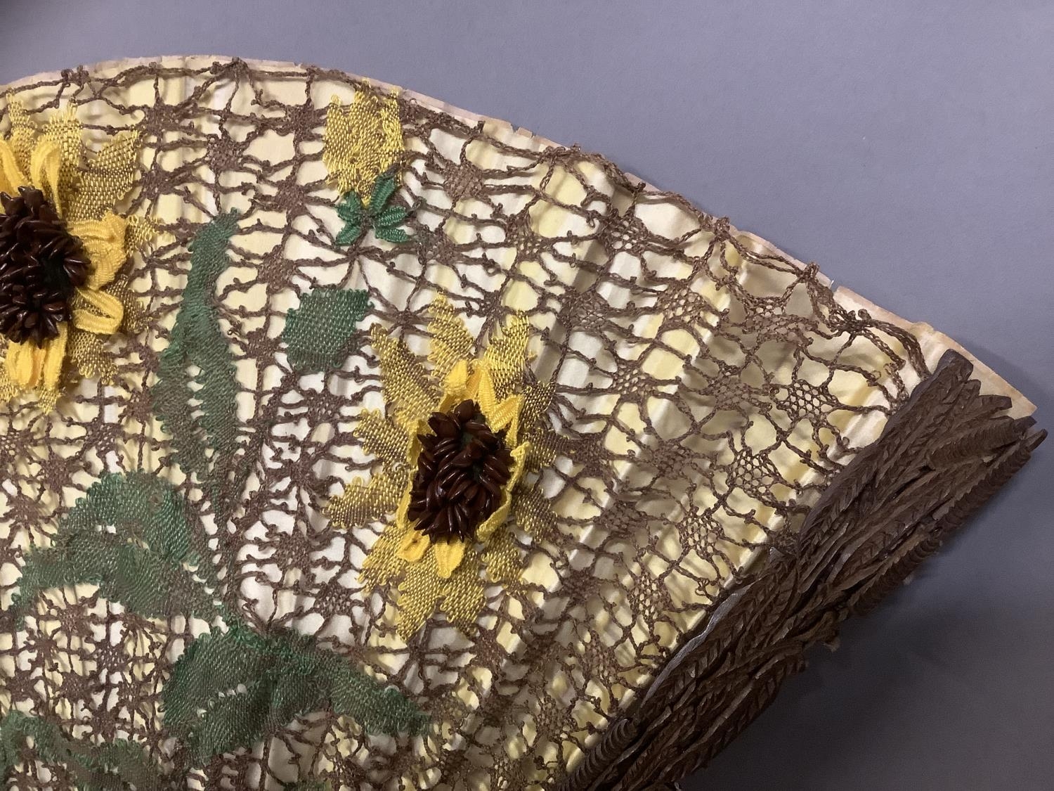 Ann Collier: Sunflowers, a large lace fan mounted on late 19th century carved and pierced wood - Image 3 of 4