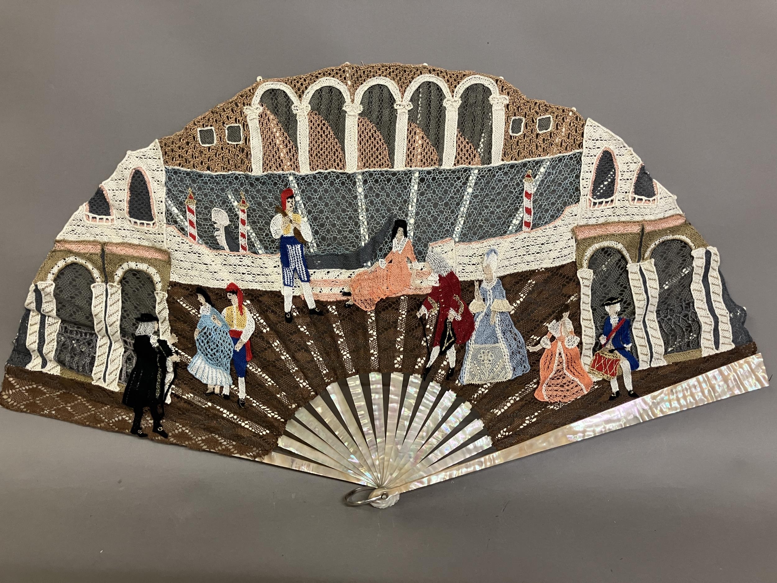 Ann Collier: a unique fan from the Gilbert and Sullivan Series, needle lace against a bobbin ground,