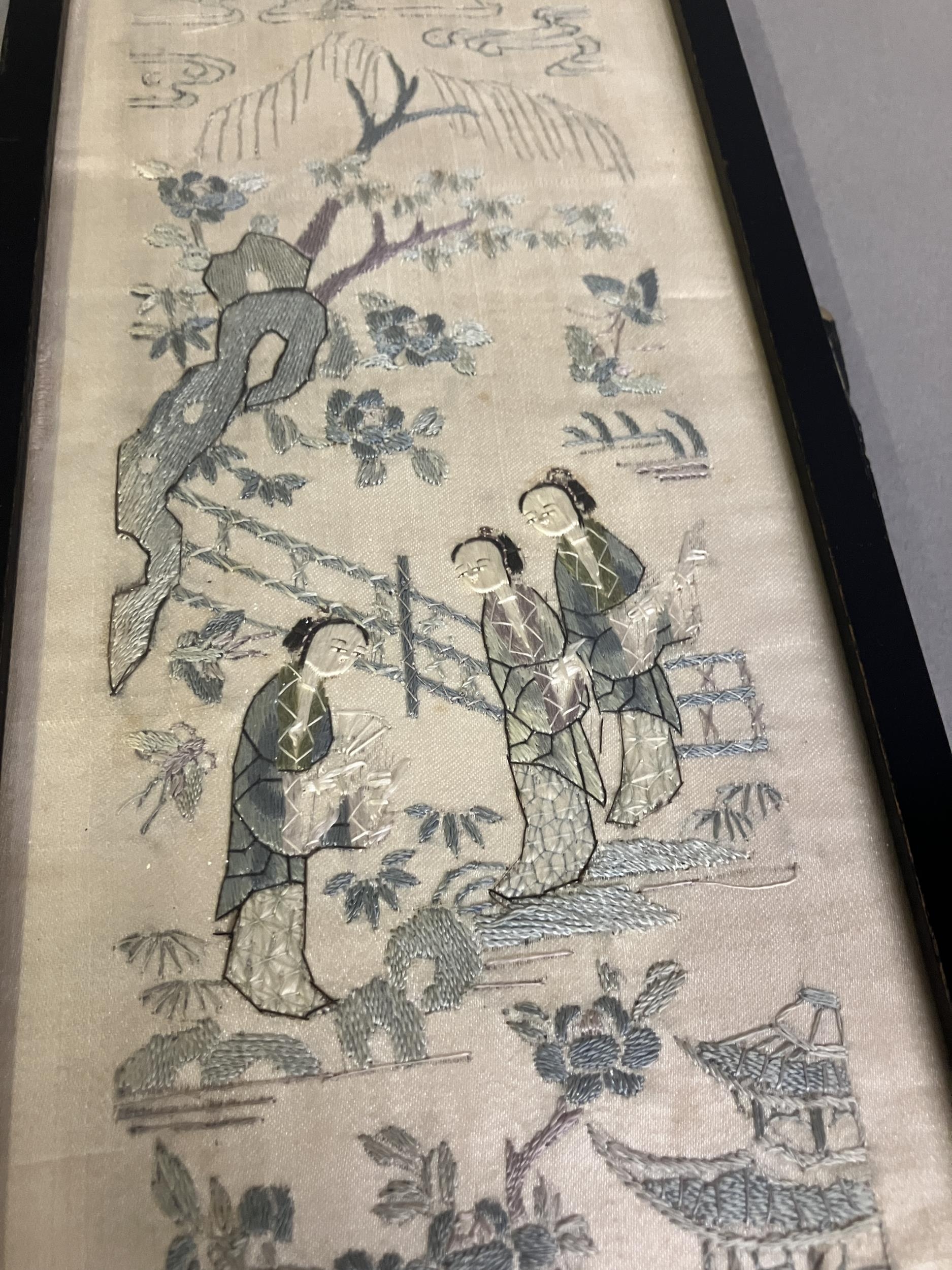 A 19th century embroidered silk Chinese sleeve band, framed and glazed, the cream ground - Image 4 of 5