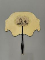A good regency fixed fan, shaped, the recto applied with gold foil and a gravure showing a mother