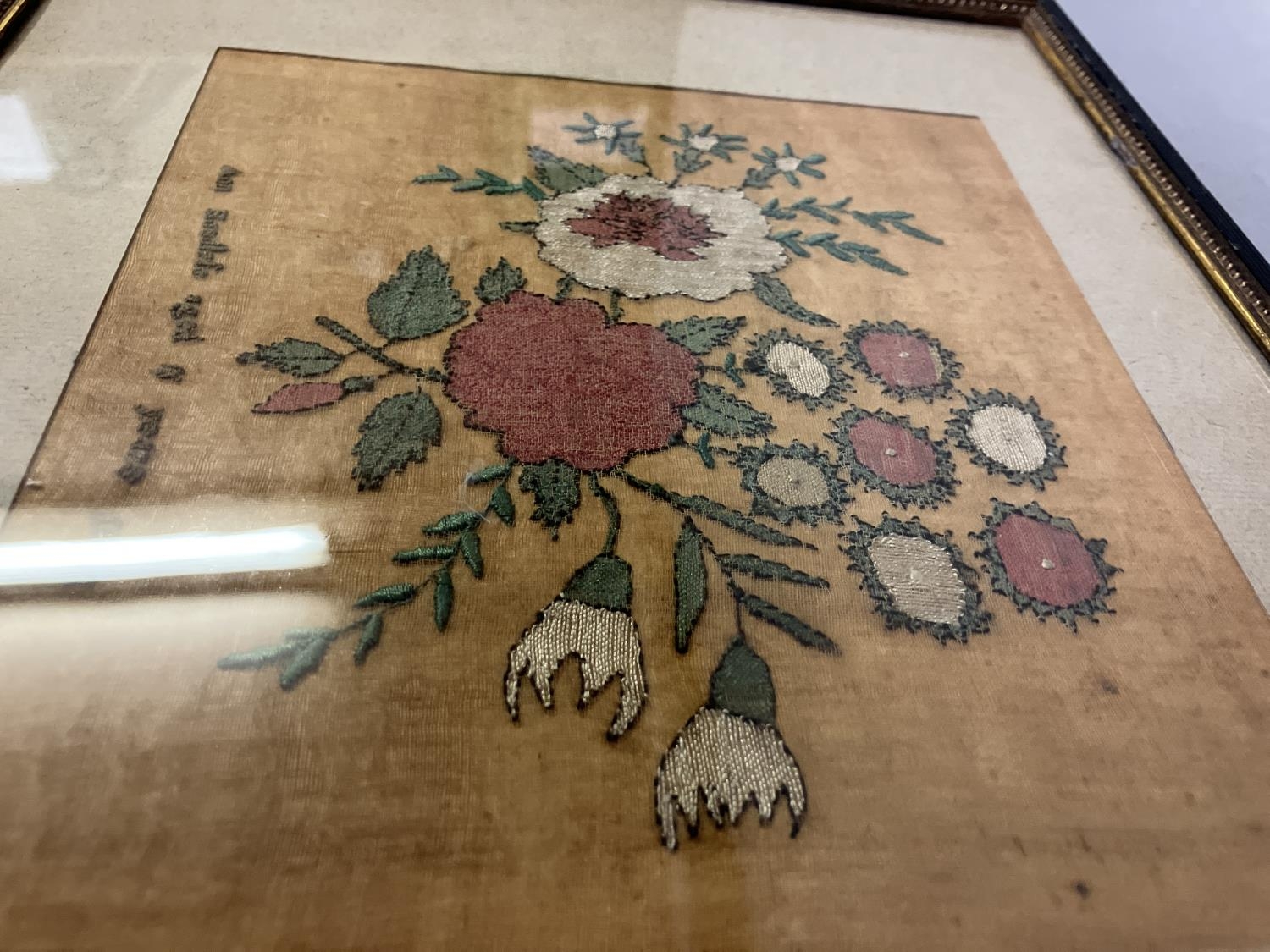 A fine framed needlework picture worked with a Turkish influence on a pale ginger gauze, a floral - Image 5 of 6