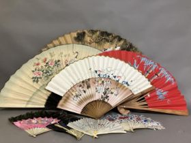 Oriental fans: A selection of folding fans to include 3 Chinese feather fans mounted on pierced