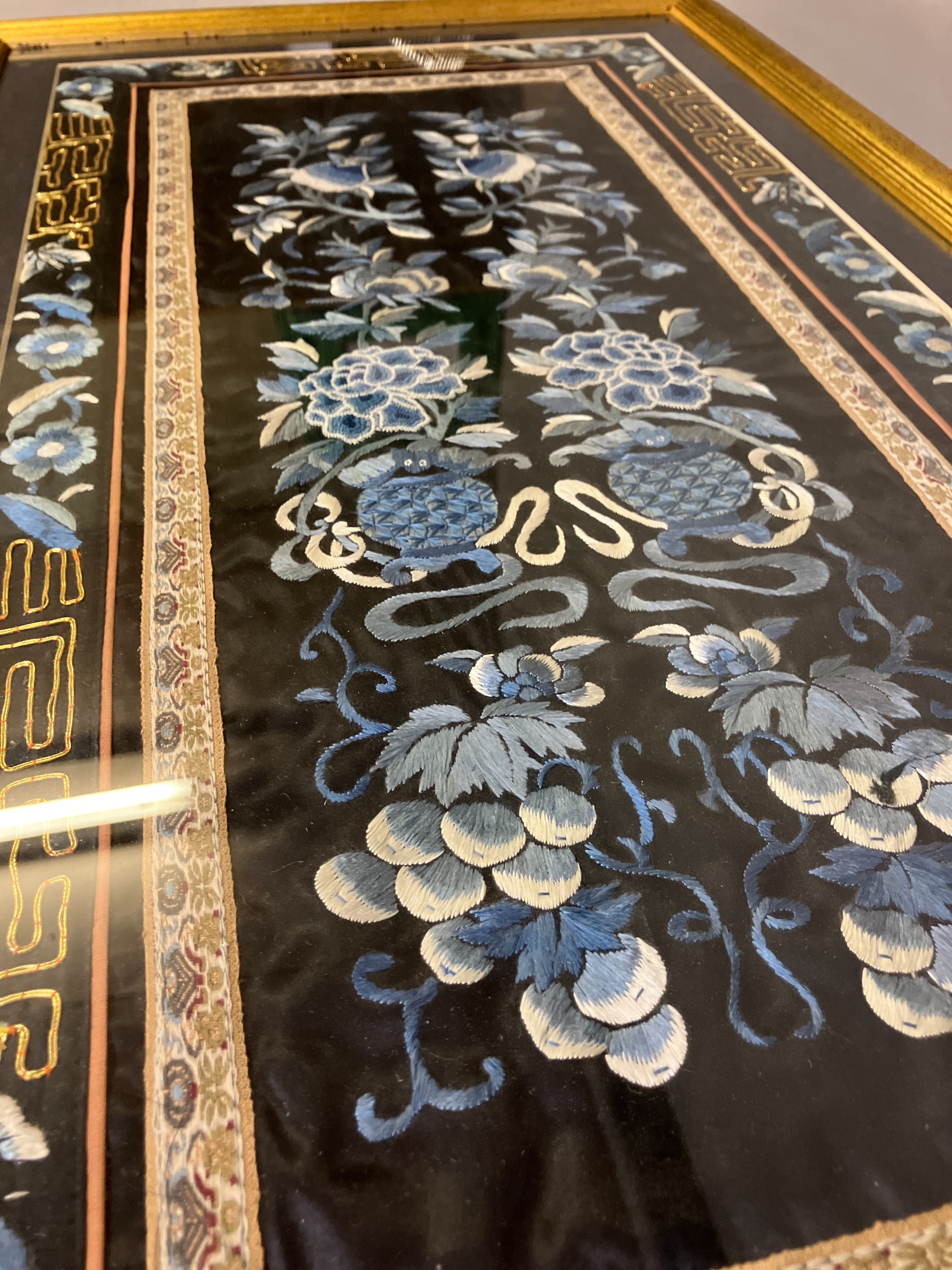 Chinese embroidery: a well-executed embroidered panel, framed and glazed, black silk embroidered - Image 11 of 18