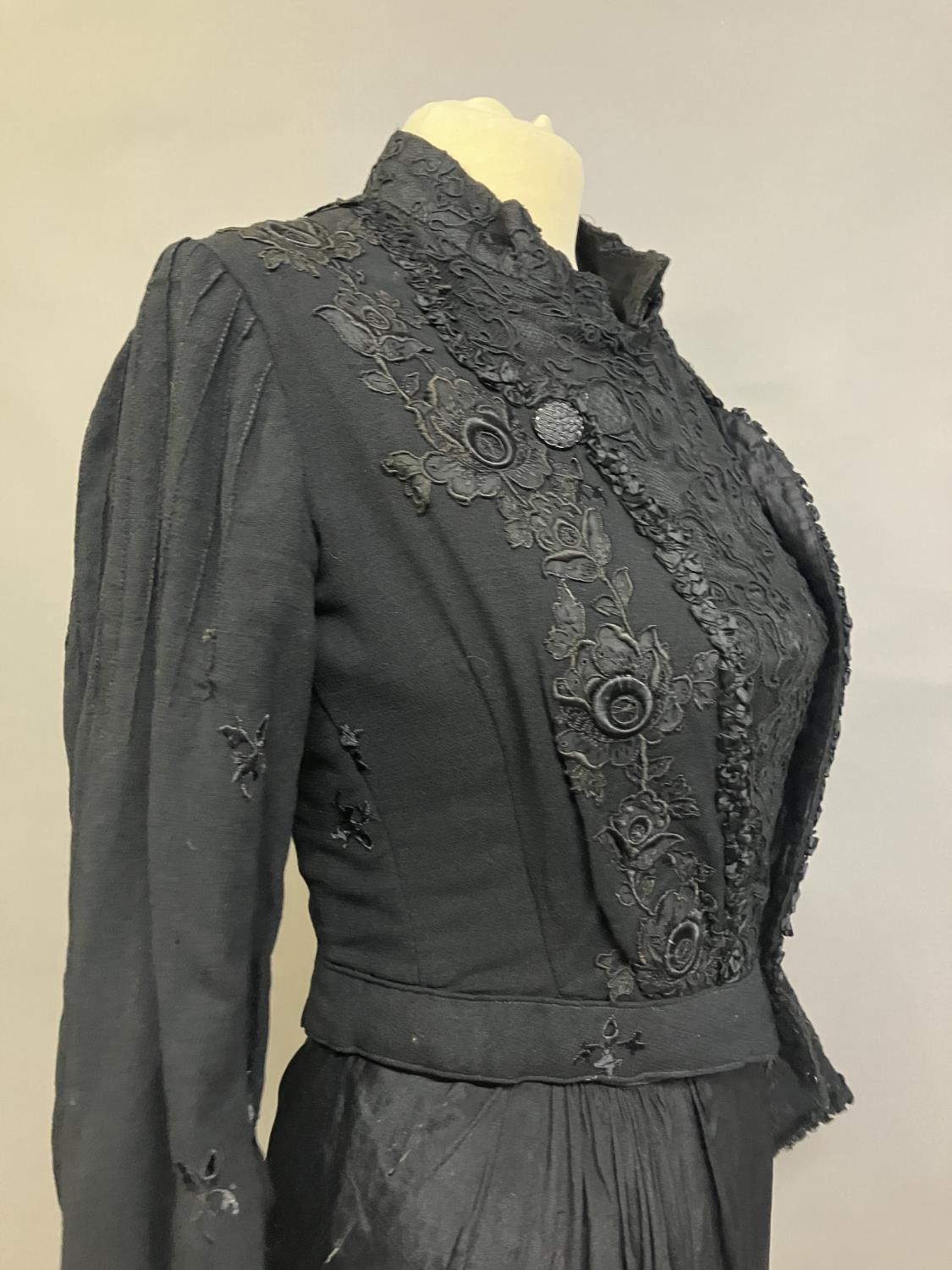 Two Edwardian bodices and a skirt, all in black, none matching, the first bodice in a heavy black - Image 6 of 8