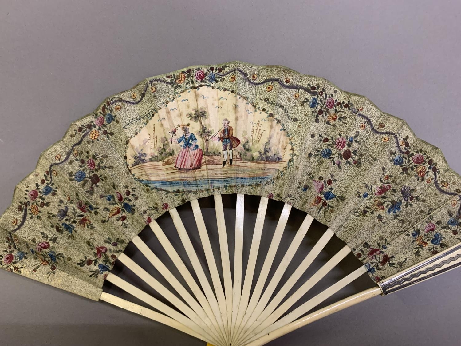 The 18th century: a very classical folding fan, the double paper leaf with central cartouche showing - Image 4 of 7