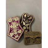 Antique Ottoman purses, two in plum velvet, one in ruby leather, all embroidered in gold: the
