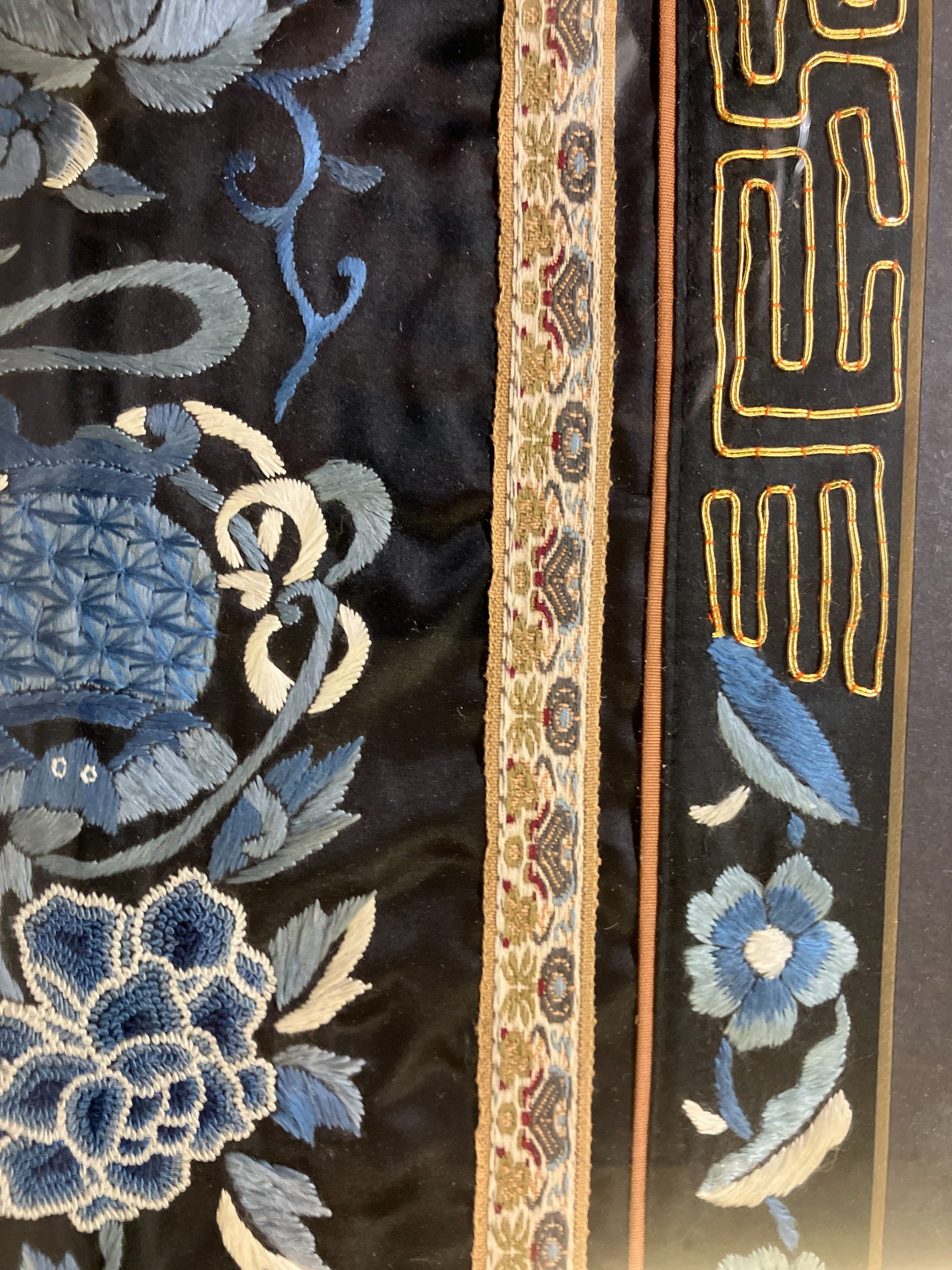 Chinese embroidery: a well-executed embroidered panel, framed and glazed, black silk embroidered - Image 9 of 18