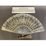 Antique Lace :A large Mixed Brussels and white mother of Pearl fan, c 1890’s, the lace leaf with a