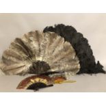 Feather fans: Two ostrich feather fans, the first black, with curly feathers and additional