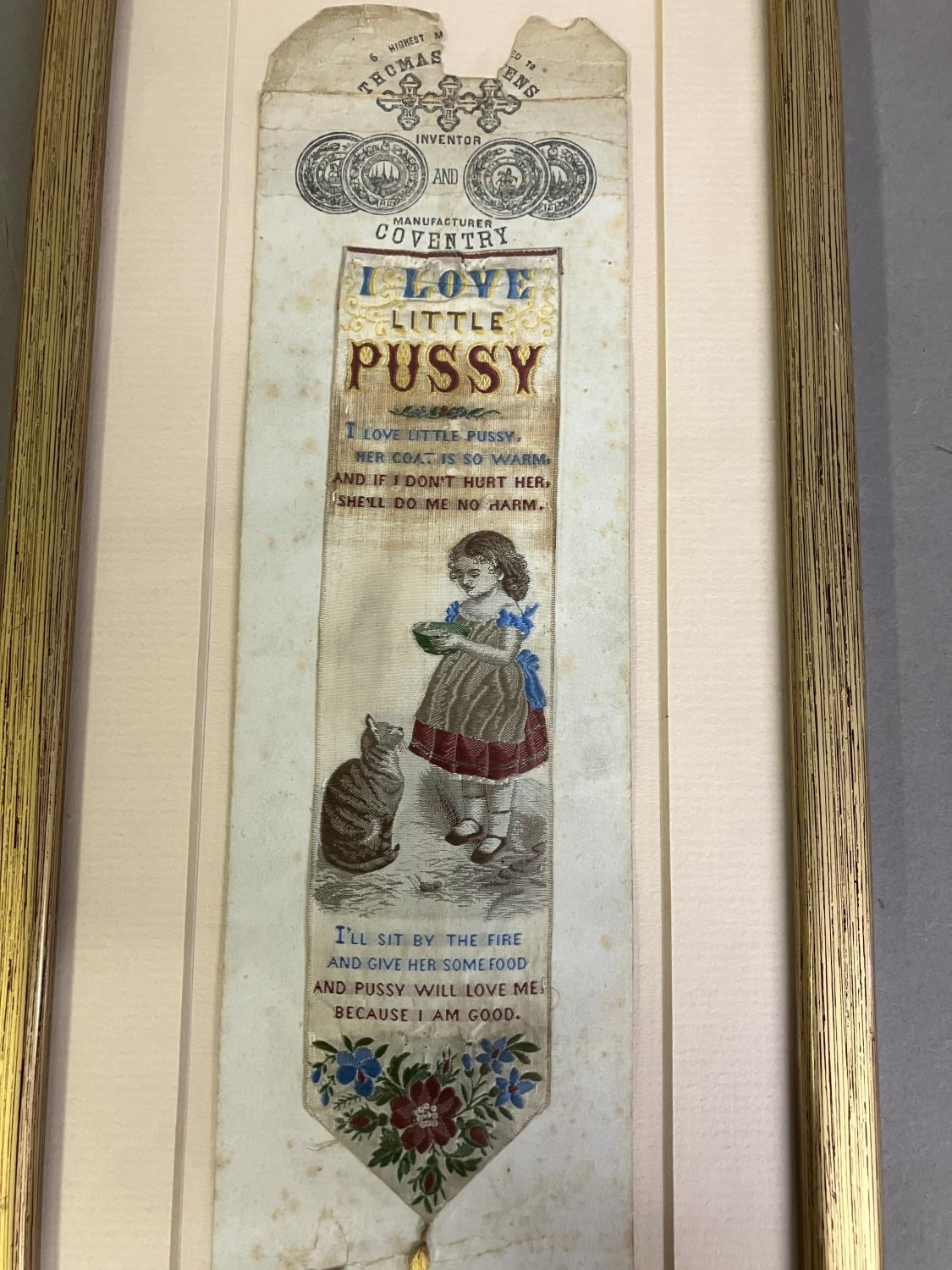 A Thomas Stevens of Coventry woven silk bookmark, framed, featuring a young girl’s offering a bowl - Image 3 of 4