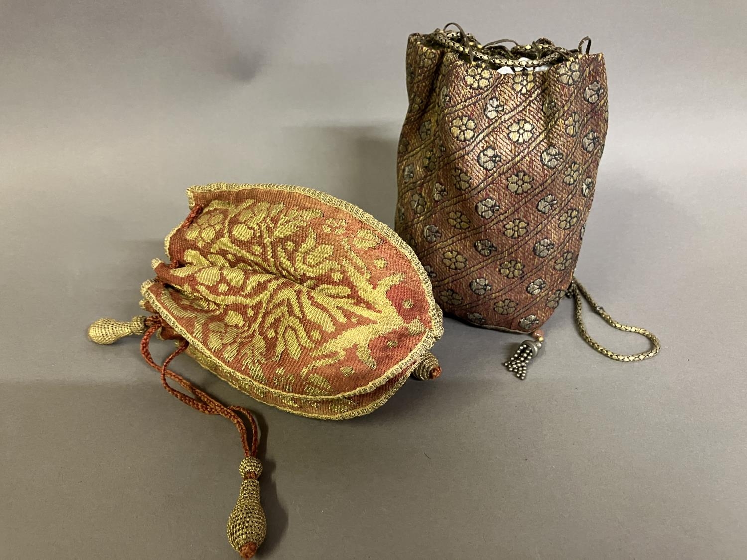 Antique, early 19th century small size bags: the first made from panels of patterned, woven silk,