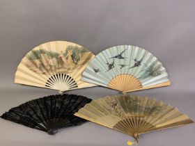 Four late 19th century fans: the first quite simple, French, wood monture, The paper leaf