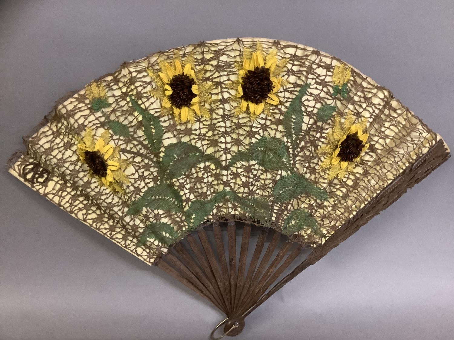 Ann Collier: Sunflowers, a large lace fan mounted on late 19th century carved and pierced wood