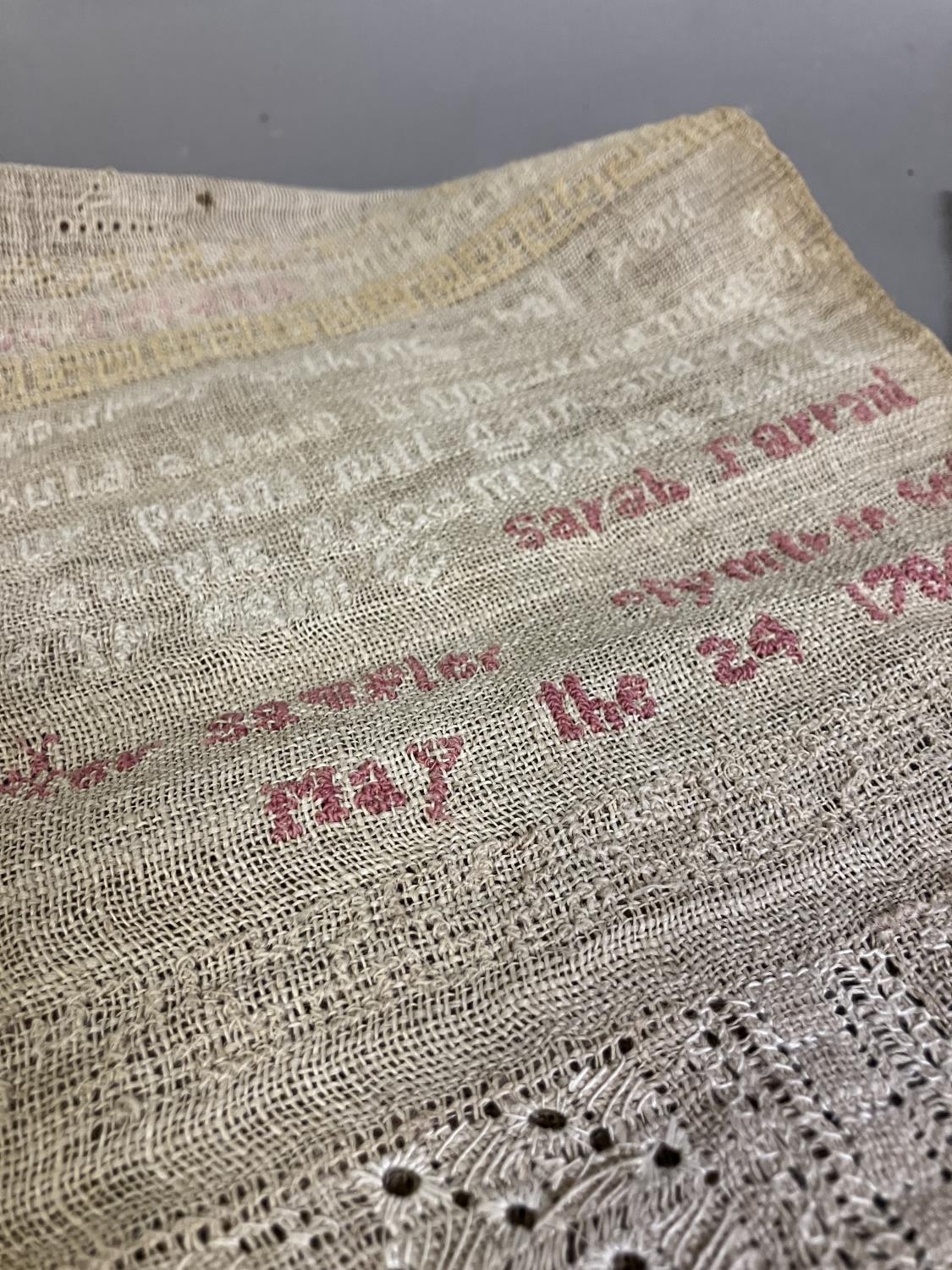 An 18th century Band Sampler dated May the 24th, 1789, by Sarah ?rarrant, longer than normal due - Image 3 of 3