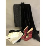 Antique accessories and fabrics: consisting of a pair of Victorian carriage winter boots, leather