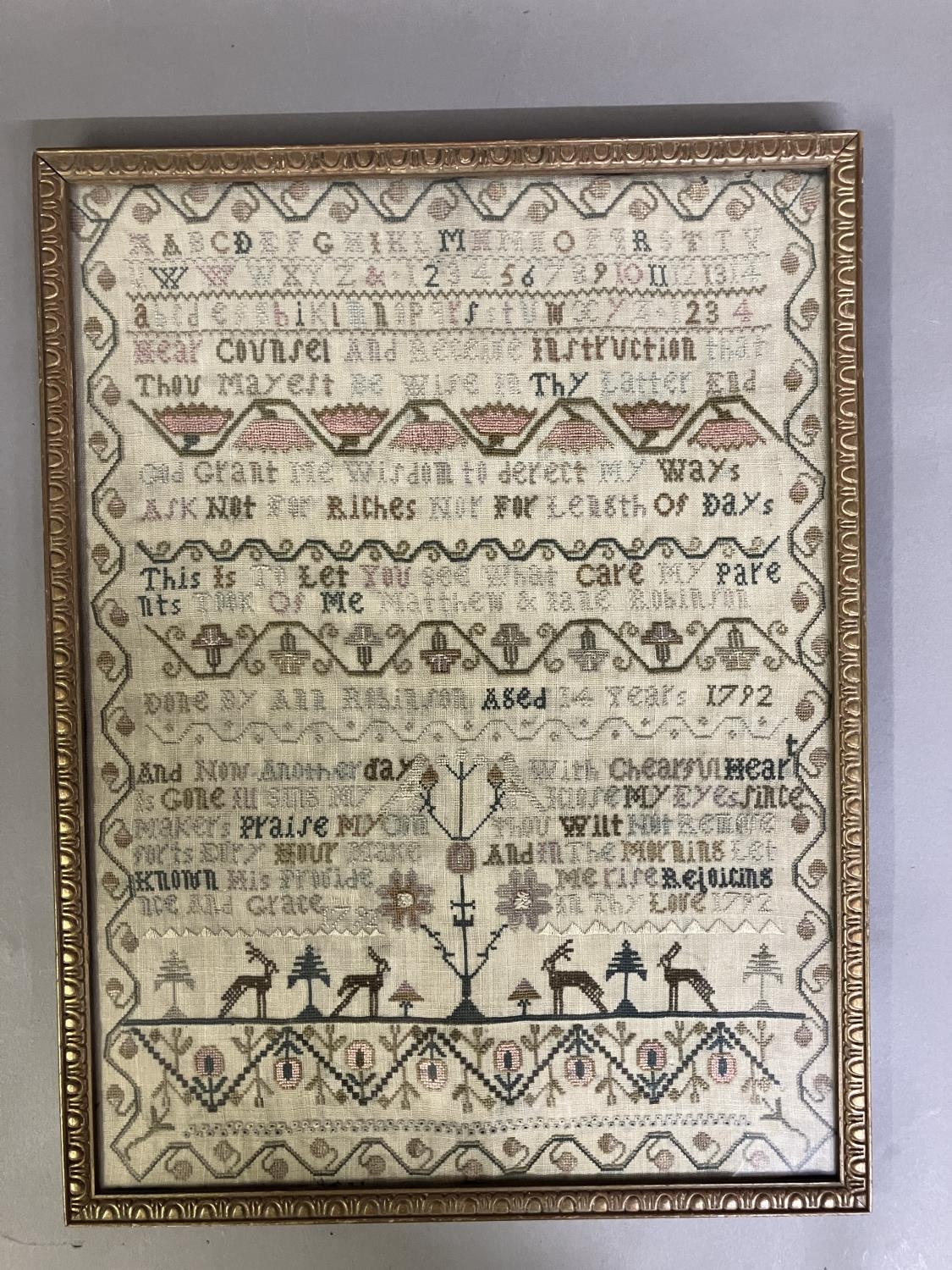 A good 18th century needle work sampler, dated 1792 in three places, alpha-numeric with the addition