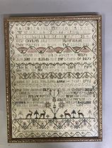 A good 18th century needle work sampler, dated 1792 in three places, alpha-numeric with the addition