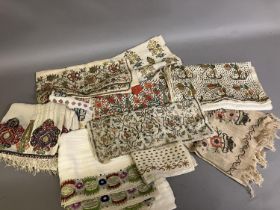19th century Ottoman embroidered textiles, mainly towels, with sashes and end panels: ten examples