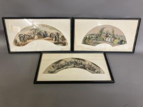 Three fan leaves, framed and glazed, prints then coloured, all showing gatherings of different types