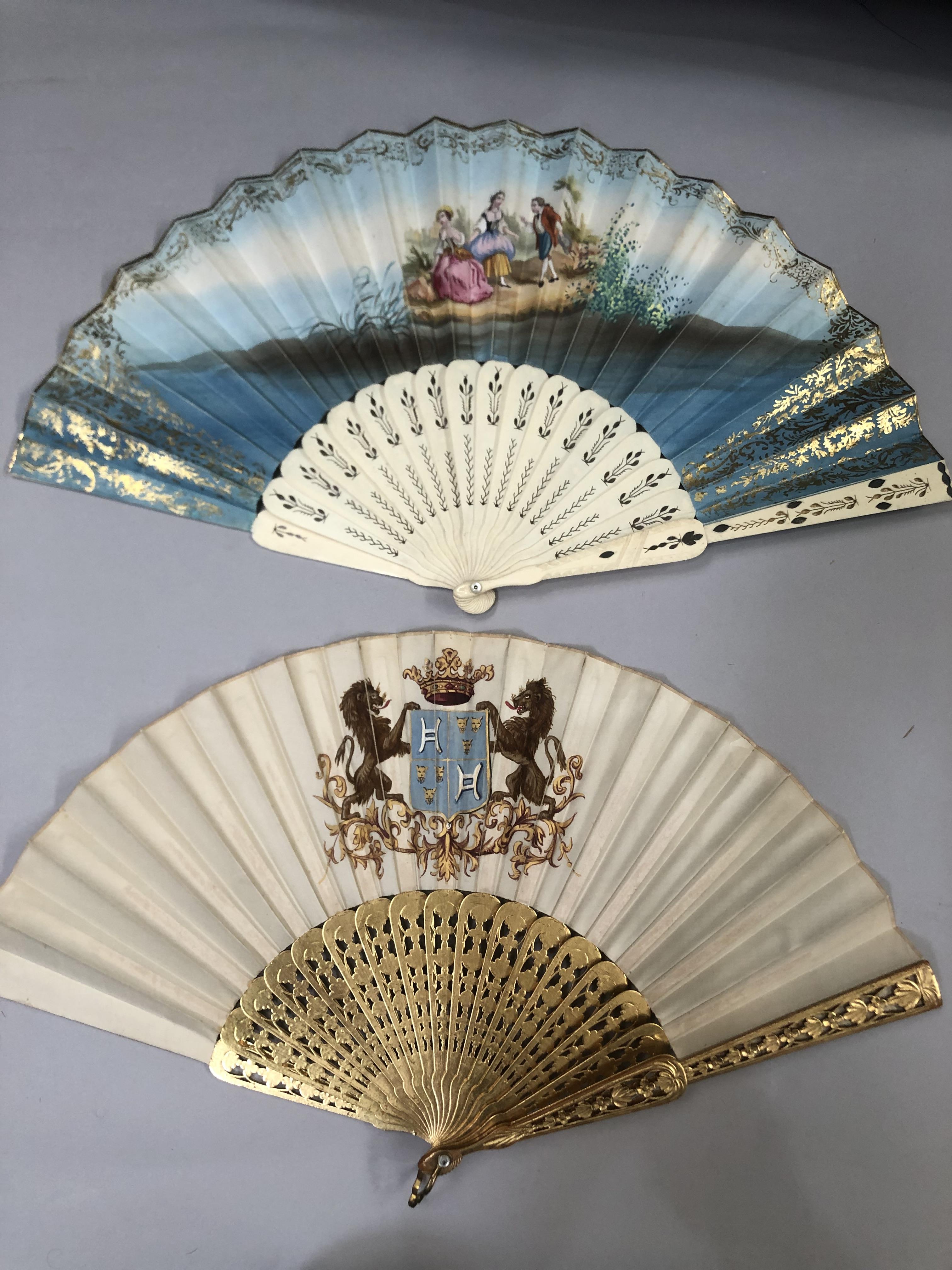 Two mid-19th century fans, the first with carved and pierced wood sticks, painted in gold, the cream - Image 3 of 8