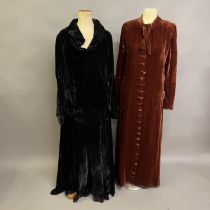Two early 20th century panne velvet gowns, the first deep ginger, lined in a paler chiffon, with tie
