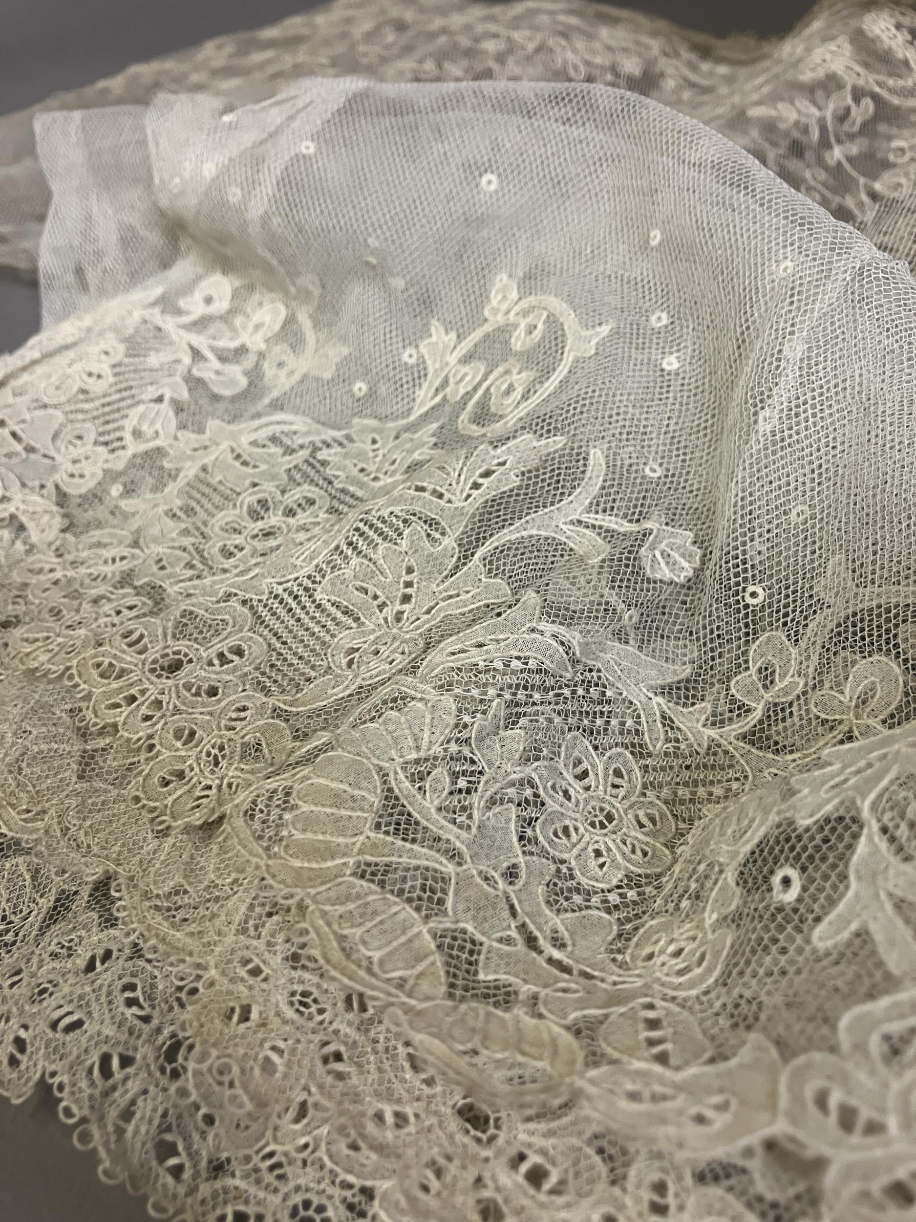 Antique Irish needle lace: three long flounces of Carrickmacross needle lace, one with more depth, - Image 2 of 3