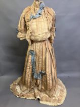 An Edwardian honey watered silk taffeta skirt and bodice, striped with aqua, the tailored, boned