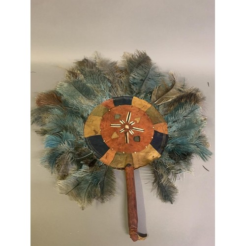 A North American Indian feather fixed fan, 19th century, applied with a small bird, the shaped - Image 2 of 8