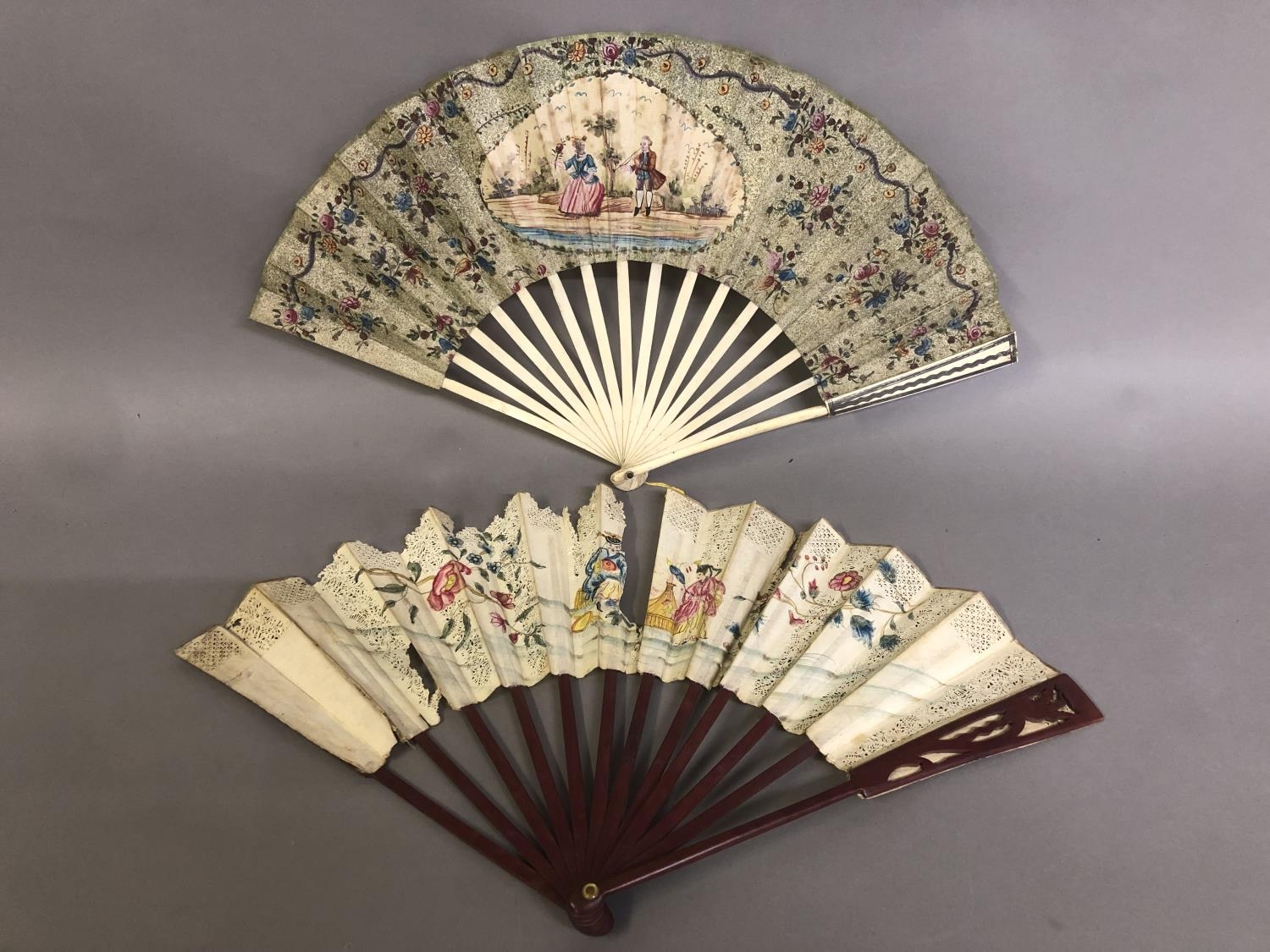 The 18th century: a very classical folding fan, the double paper leaf with central cartouche showing - Image 2 of 7