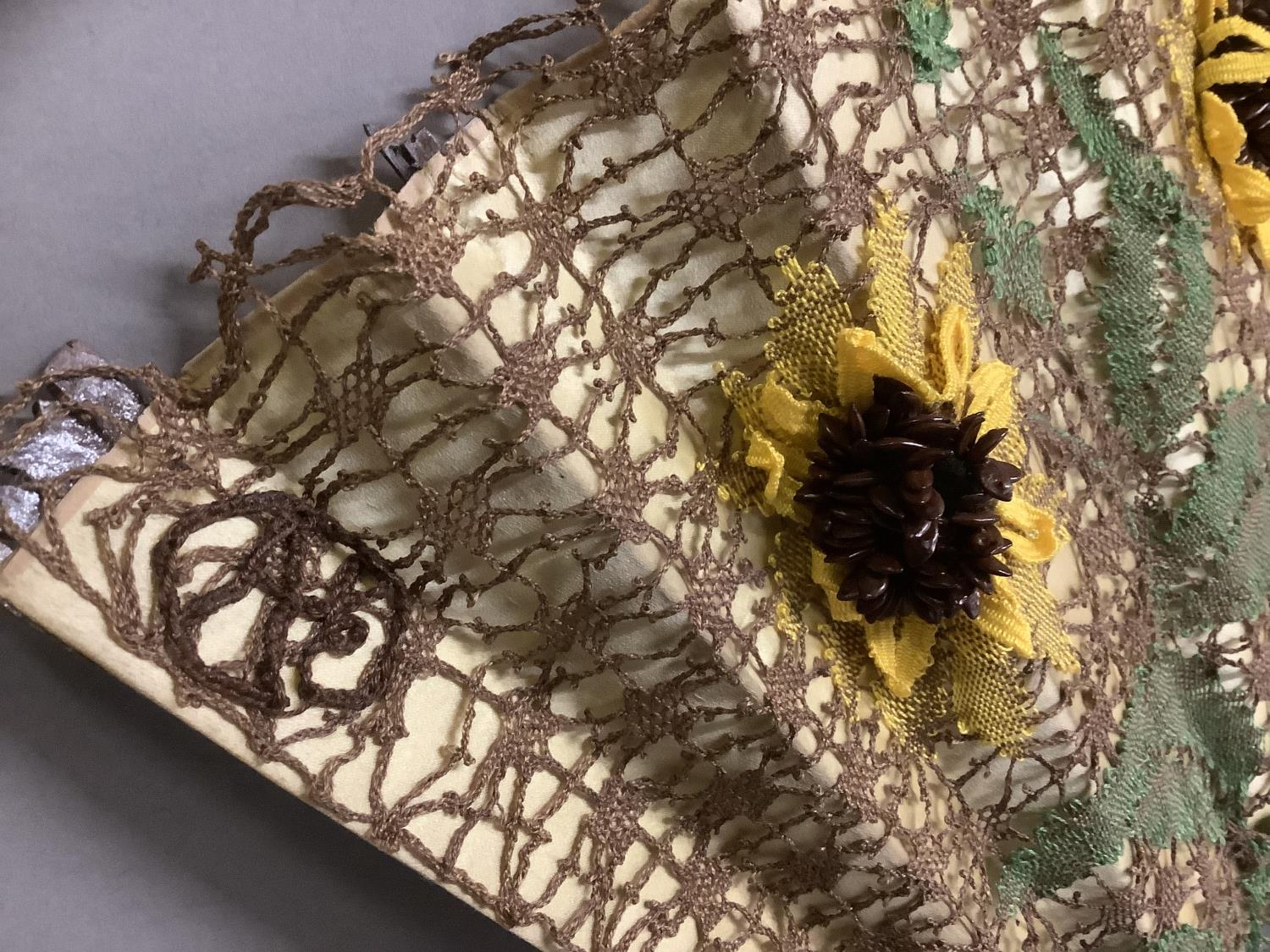 Ann Collier: Sunflowers, a large lace fan mounted on late 19th century carved and pierced wood - Image 2 of 4