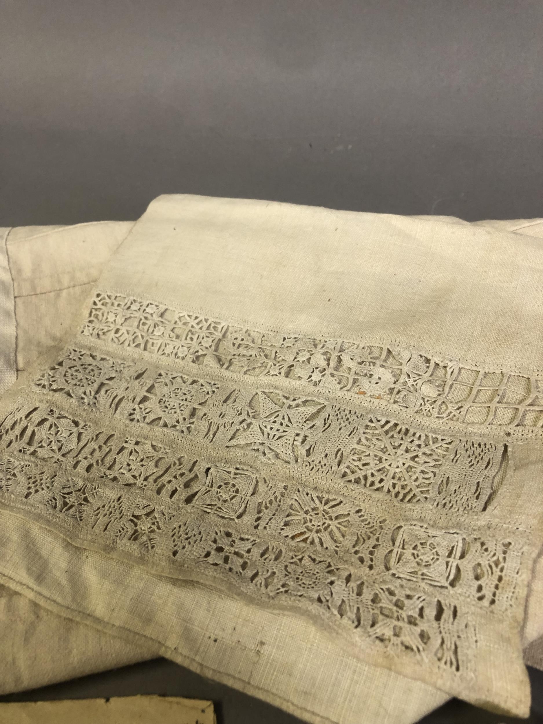 The lower section of a 17th/18th century band sampler, being the needlepoint lace bands, four, on - Image 2 of 5