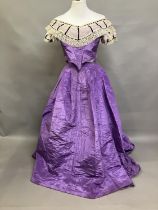 C 1860’s, a dark lilac watered taffeta evening skirt and off the shoulder bodice, lacing at the