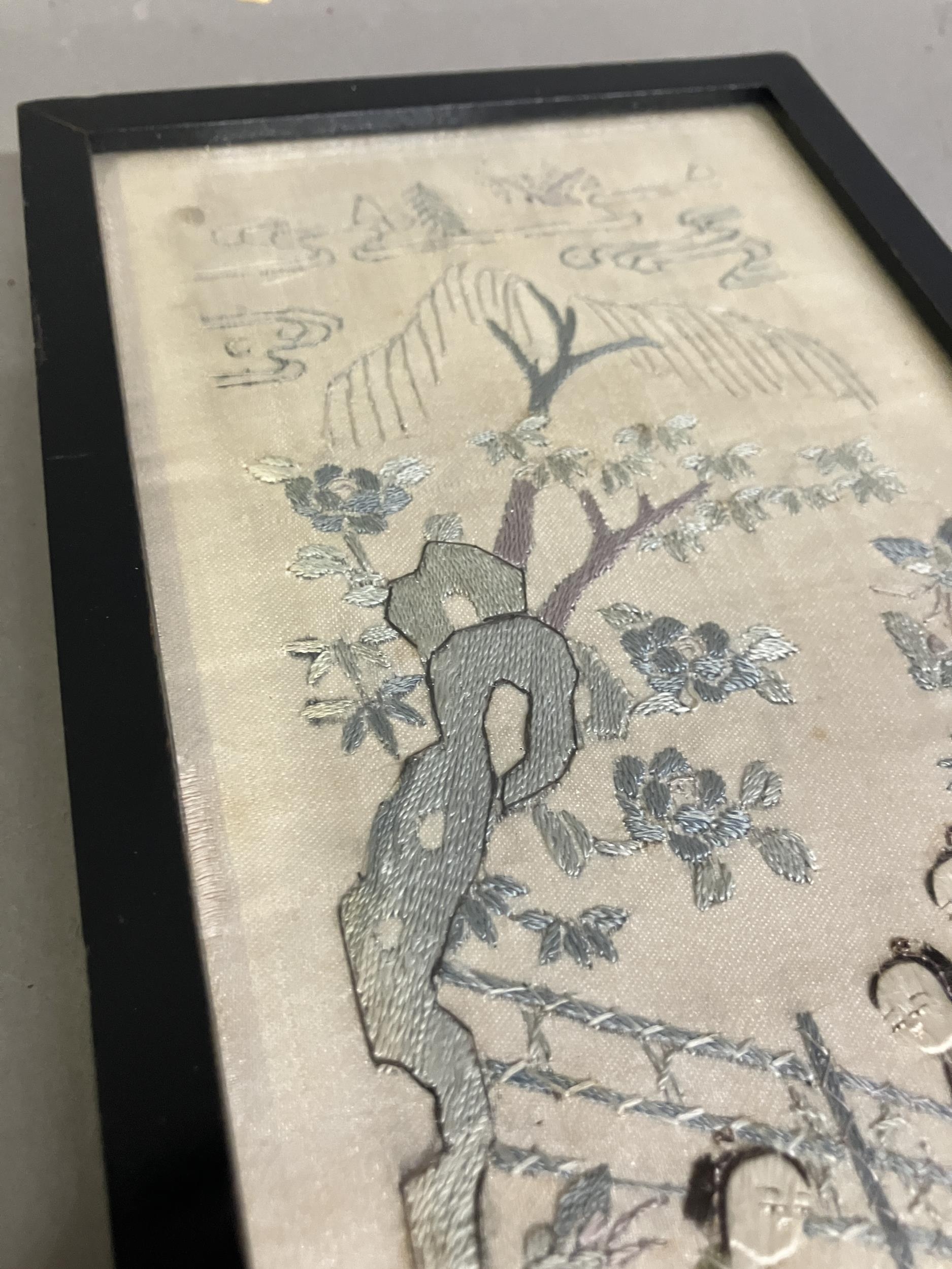 A 19th century embroidered silk Chinese sleeve band, framed and glazed, the cream ground - Image 5 of 5