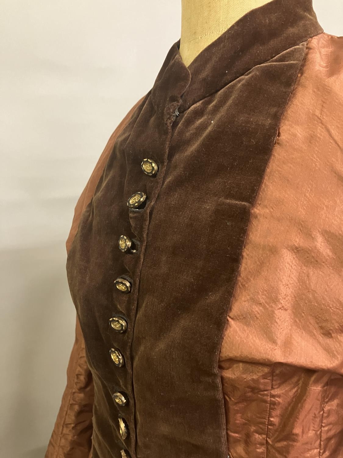 A c 1880’s century two piece costume, mid-brown silk and darker velvet, the bodice with straight - Image 6 of 6