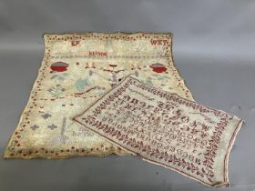 An Antique European sampler dated 1908, alpha-numeric, worked in red on a fairly open weave