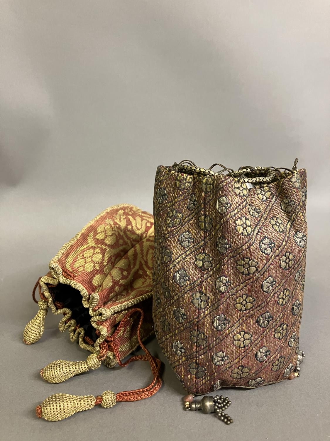 Antique, early 19th century small size bags: the first made from panels of patterned, woven silk, - Image 2 of 3