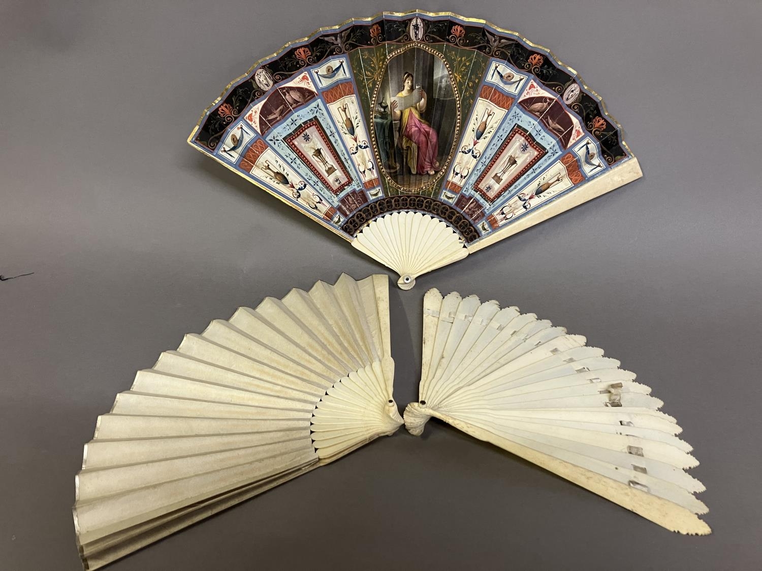 Early 19th century fans: a very classical bone fan in the Grand Tour style, c 1830’s, the double