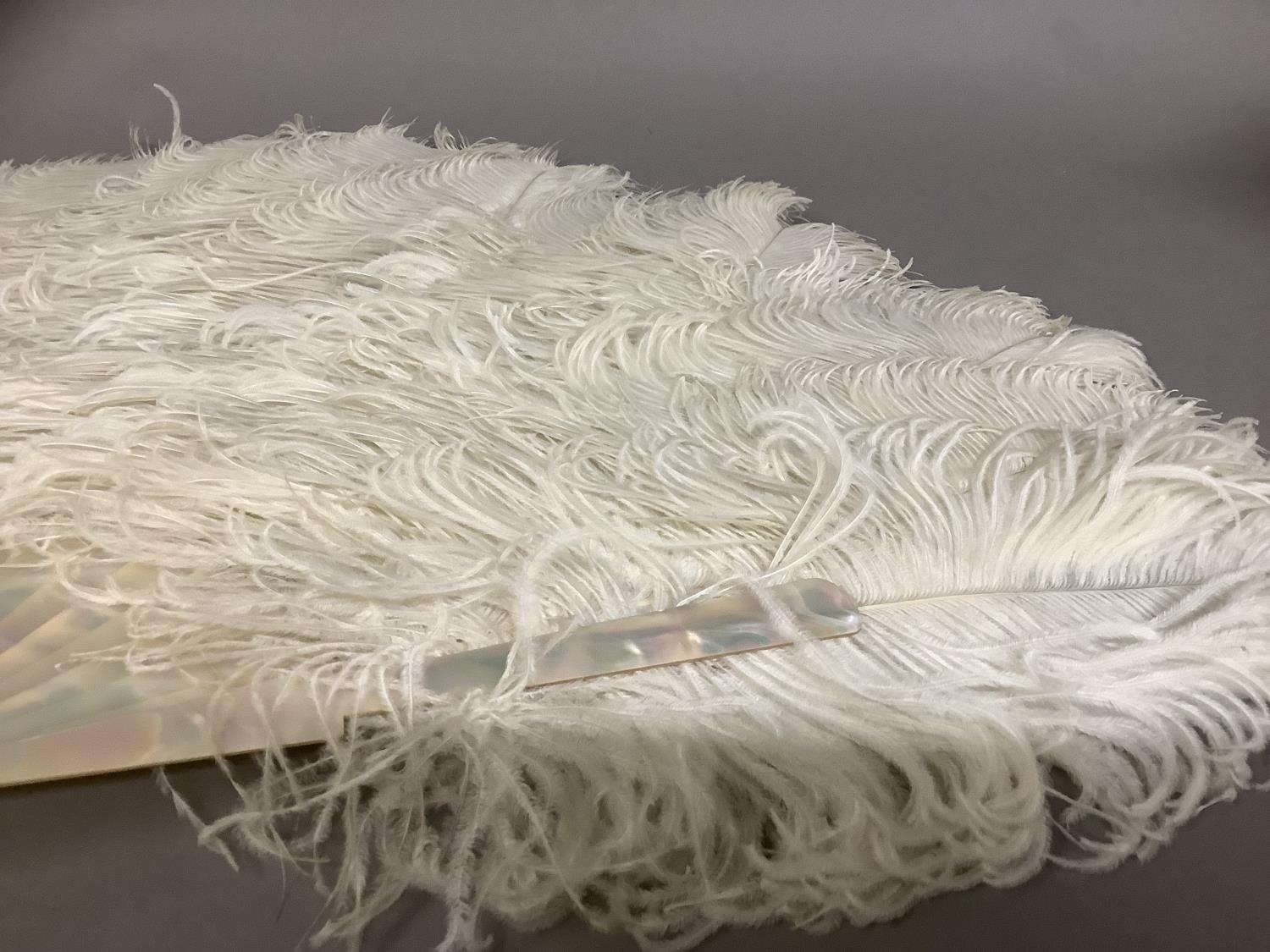 A late 19th century white ostrich feather fan, the monture of pink/green burgau mother of pearl, - Image 4 of 6