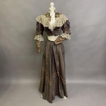 Edwardian Period fashion: a quite lavish two-piece ensemble in a lightweight cappuccino silk,