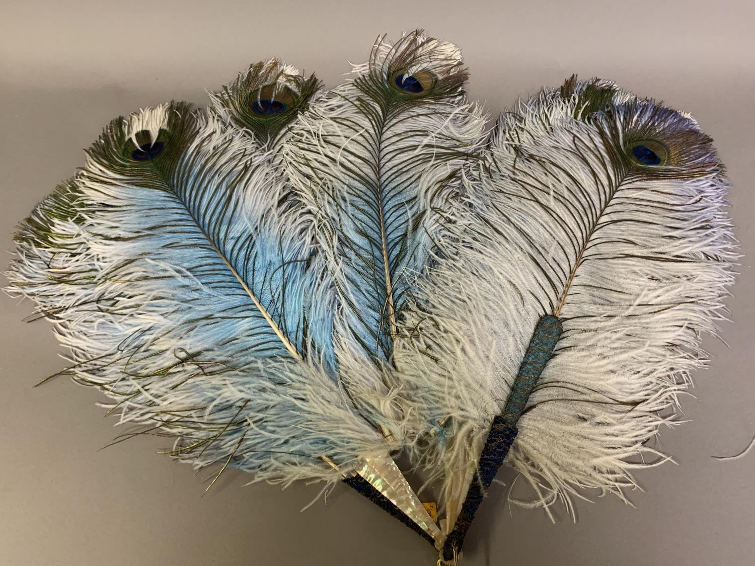 Four feather fans: the first of unusual construction, having gorge sticks of pink mother of pearl - Image 2 of 3